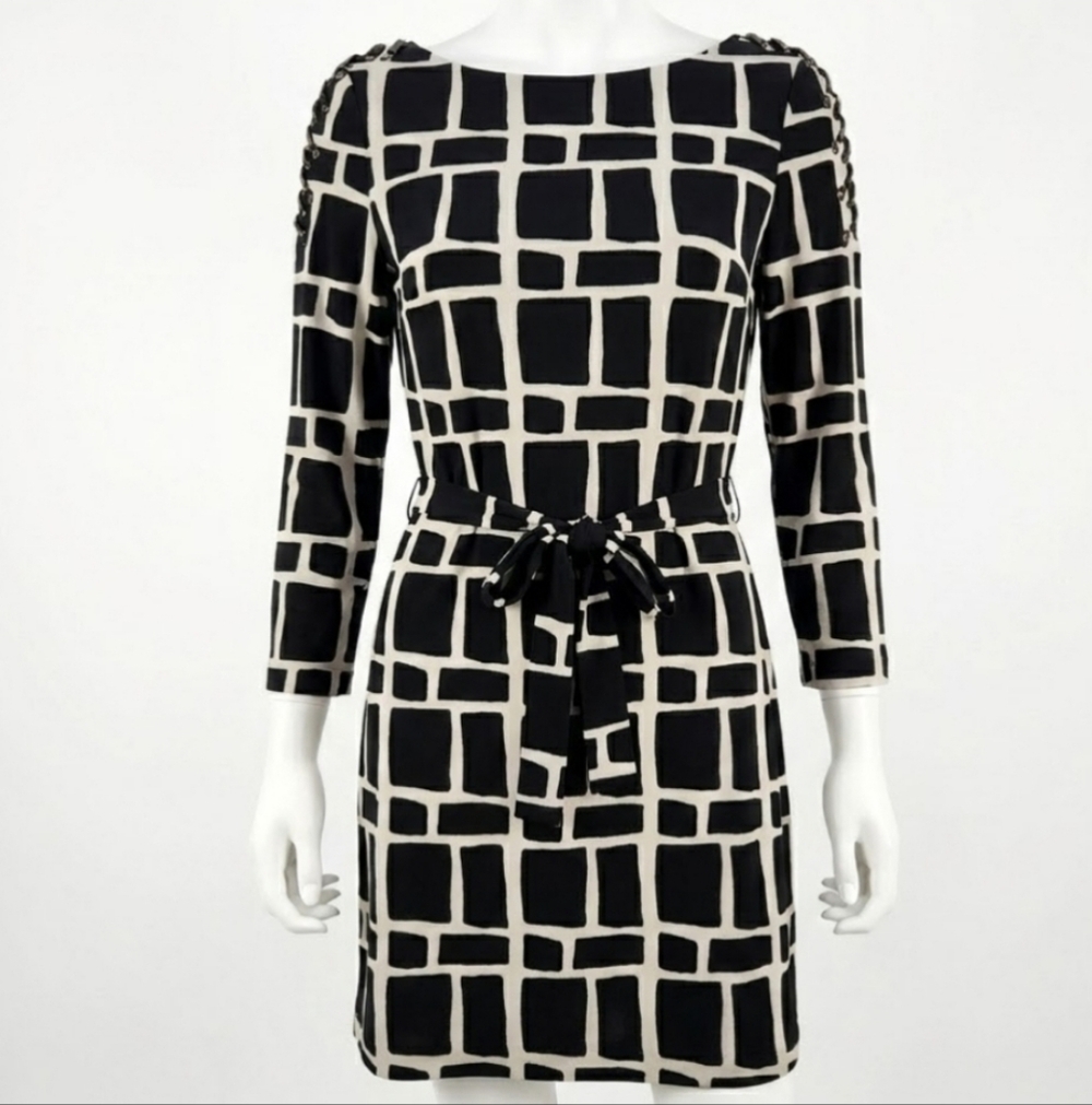 ARMANI EXCHANGE Geometric Embellished Sheath Dress 3/4 Sleeve Black Cream Size 4
